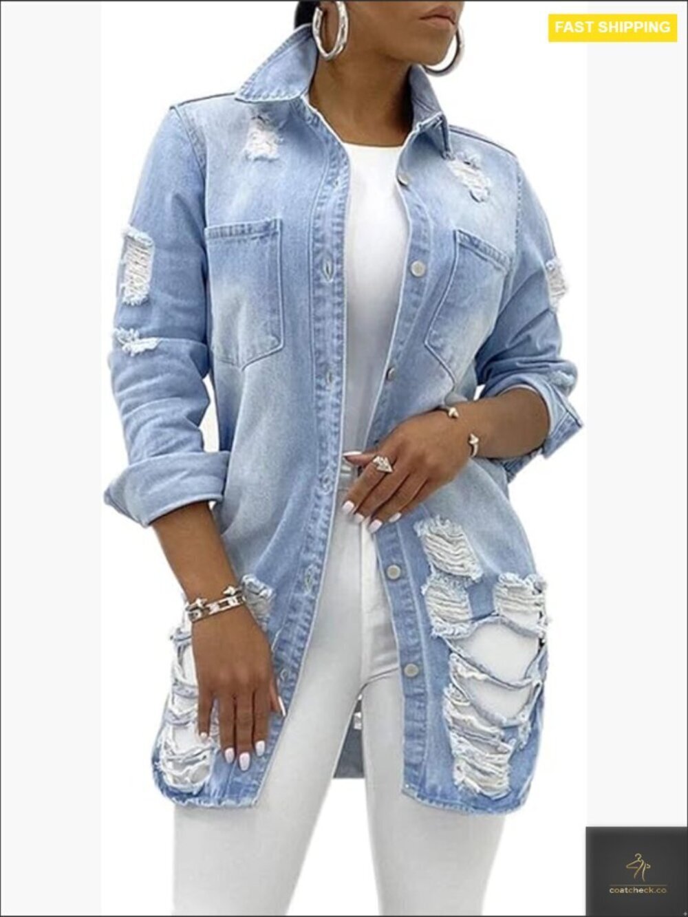 Distressed Denim Jacket Long Sleeve Classic Fray Hem Tassels Casual Trucker
